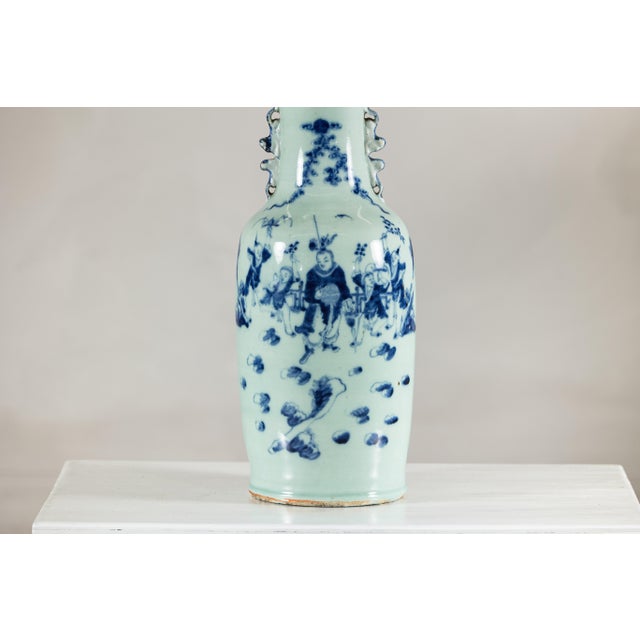 Antique Chinese Blue and White Vase with Figural Scene and Celadon-Toned Glaze For Sale In New York - Image 6 of 18