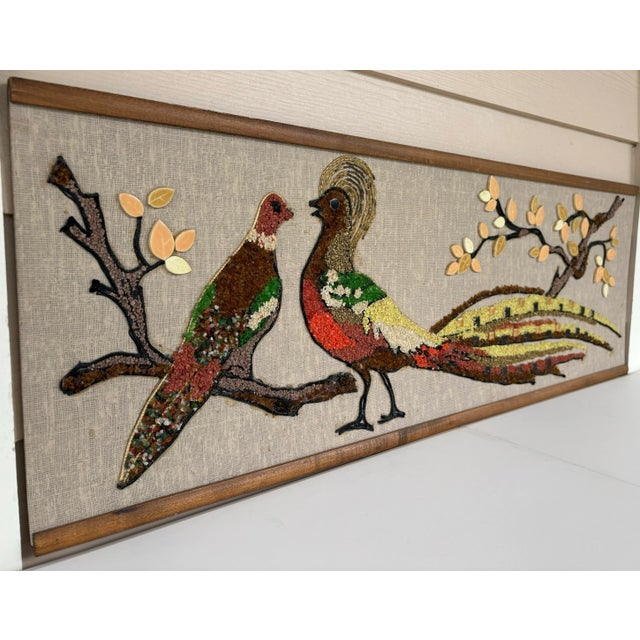 Large Beautiful Midcentury Modern Birds Gravel Art signed on reverse made in 1959. Bracket on back and ready to hang....