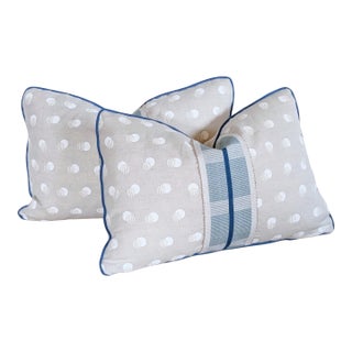 Schumacher Taylor Embroidered Lumbars With Mineral Blue Tape Trim For Sale