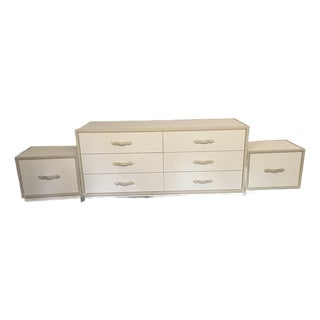Heritage Group (Italian) White Faux Leather Campaign Style Triple Dresser With Matching Nightstands -Set of 3 For Sale