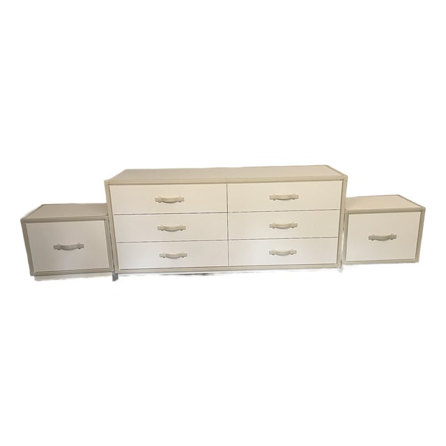Heritage Group (Italian) White Faux Leather Campaign Style Triple Dresser With Matching Nightstands -Set of 3 For Sale