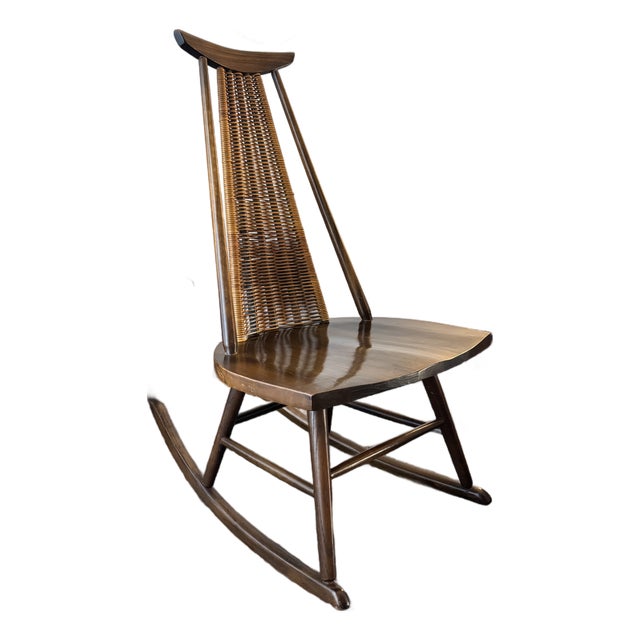 1960s Walnut & Rattan Rocking Chair Attributed to Arthur Umanoff for Washington Woodcraft For Sale
