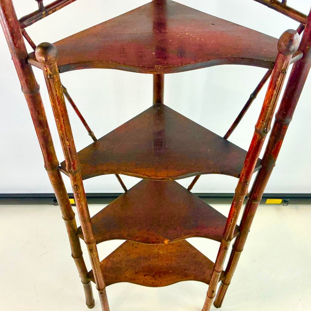 Oxblood Red 1940s Vintage Coastal British Colonial Stick & Ball Bamboo Corner Etagere - Oxblood Stain. For Sale - Image 8 of 18