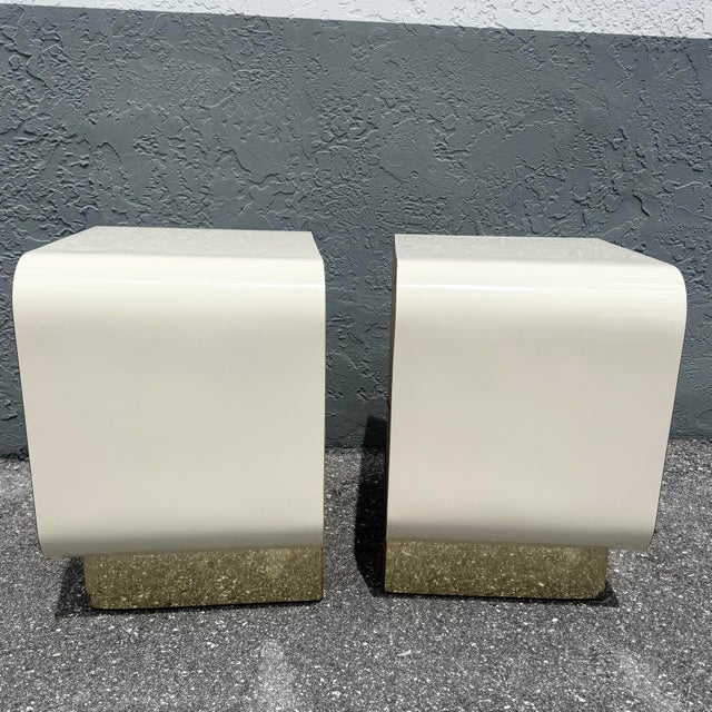 Wood Postmodern Cream Gloss Laminate Waterfall Nightstands With Gold Accents - A Pair For Sale - Image 7 of 10
