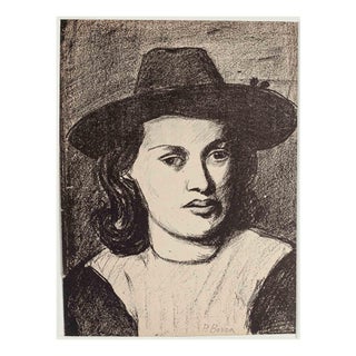 Pompeo Borra, Portrait with Hat, Lithograph, 1950s For Sale