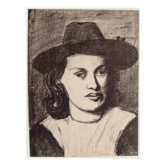 Pompeo Borra, Portrait with Hat, Lithograph, 1950s For Sale