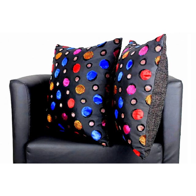 Contemporary Multicolor Velvet Polka Dot Black Italian Silk Pillows- a Pair For Sale - Image 3 of 12
