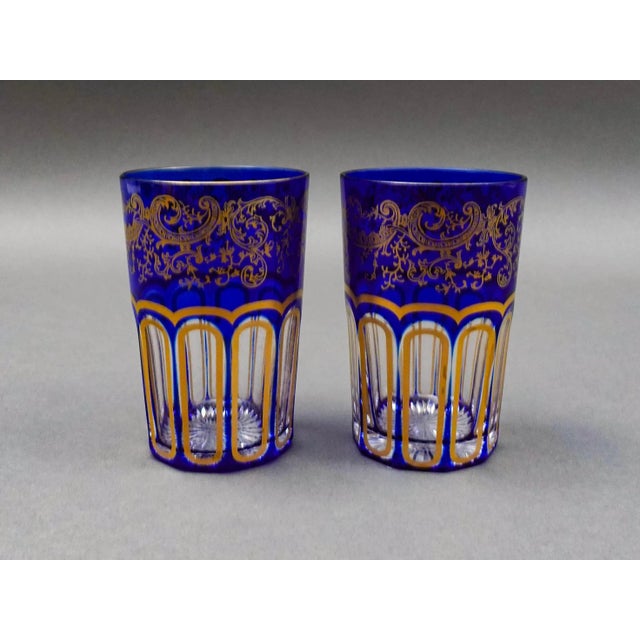 Mid-Century Modern Mid 20th Century Saint St Louis Crystal France Rabat Blue Gold Gilded Tea Tumbles Glasses- Set of 2 For Sale - Image 3 of 8