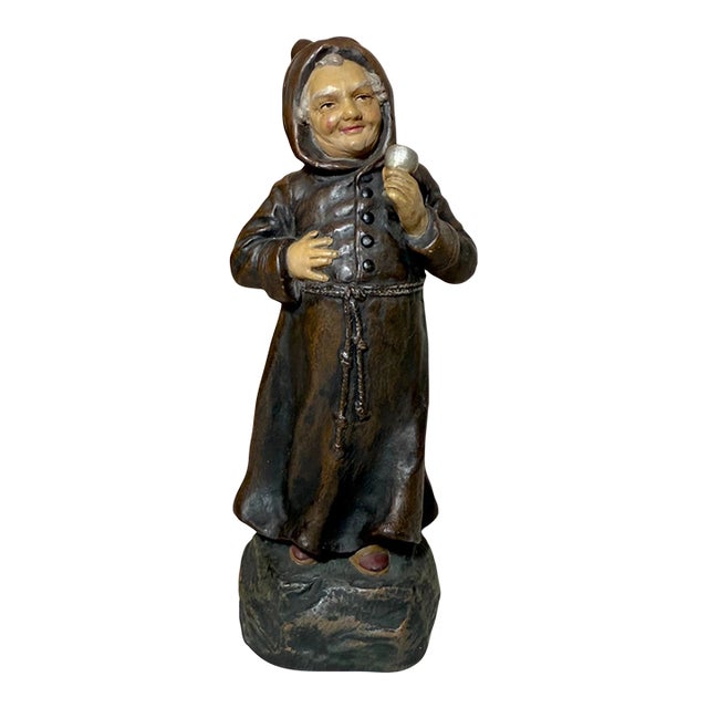 Handmade Antique German Painted Terracotta Pottery Monk Friar Sculpture Statue For Sale