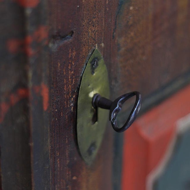Rustic Farmhouse Painted Folk Art Bridal Cabinet dated 1818 For Sale - Image 8 of 15