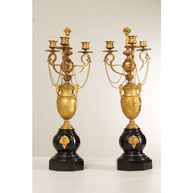 High Quality Vintage Pair of Gilt Bronze and Marble Three-Light Candelabra, Decorated with Classical Figures and Lion Masks