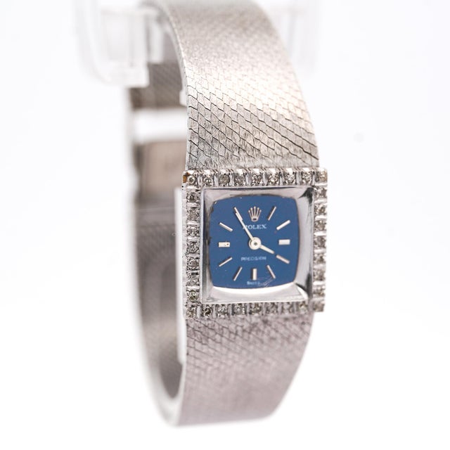 1970s Rolex Precision 2157 Ladies 18k White Gold Diamond Bezel Blue Dial Watch 1972 For Sale - Image 10 of 12