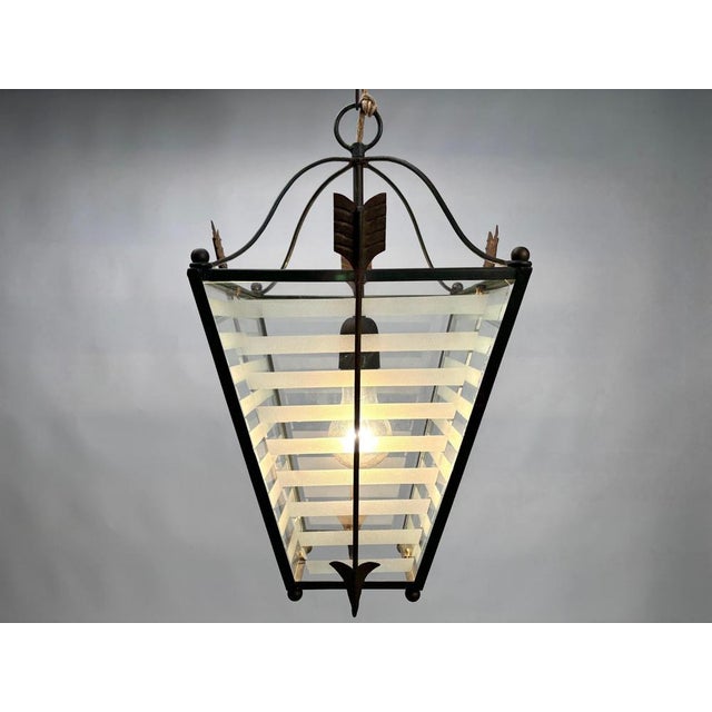 Metal Italian Art Deco Metal and Glass Lantern, 1930s For Sale - Image 7 of 12