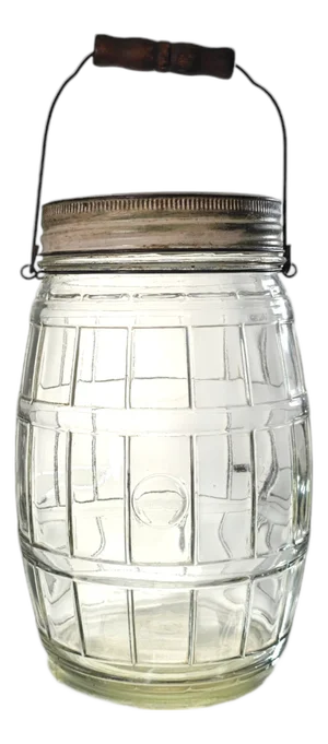 Antique Owens-Illinois Barrel Glass Pickle Jar With Wooden Handle and Complete Lids, 10.5"