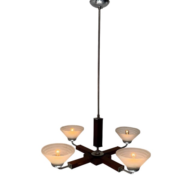 Art Deco Satin Glass, Walnut Veneer and Chromed Metal 4-Light Chandelier, Former Czechoslovakia, 1930 For Sale