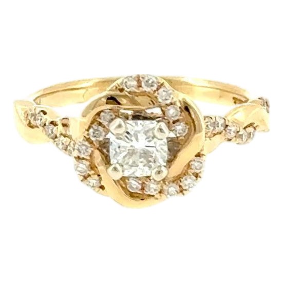 0.30ct Cushion Center Diamond Swirl Halo Ring 14k Yellow Gold Size 5.75 For Sale