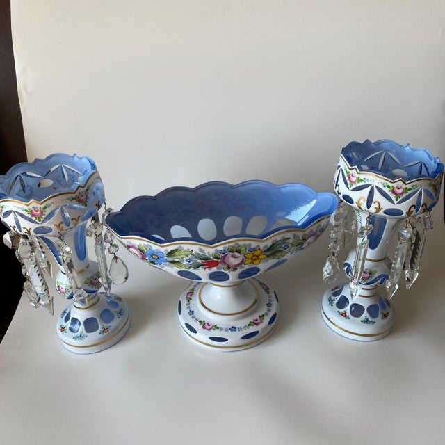 Antique Moser Glass Lusters: Bohemian Glass, White Cut-to-Blue, Hand-Painted For Sale - Image 13 of 13