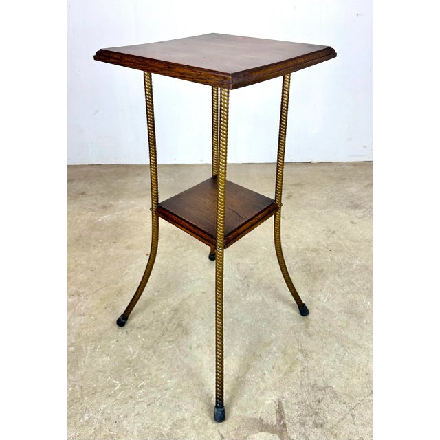 Antique Arts & Crafts Oak and Gilt Metal Two-Tier Plant Stand For Sale - Image 10 of 10