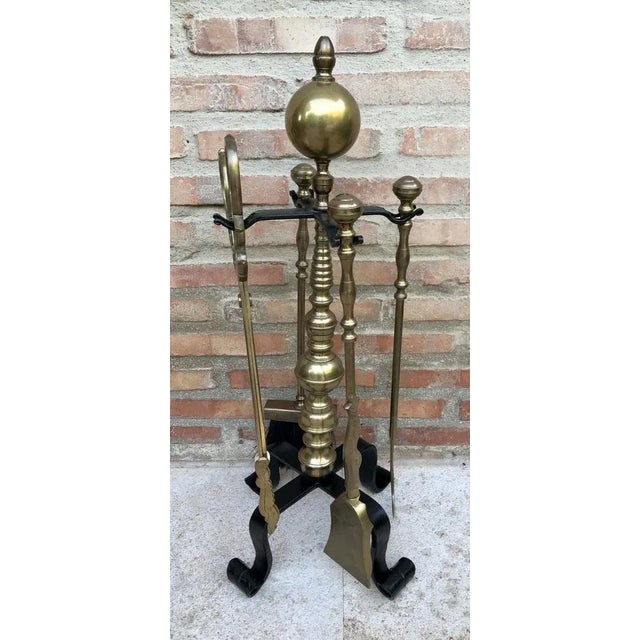 Neoclassical style brass fireplace tools. French. Circa 1970.