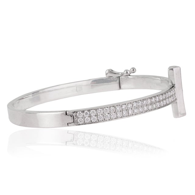 Metal Modernist T Bar Cubic Zirconia Bangle Bracelet in 925 Silver - Anniversary Gift For Sale - Image 7 of 12