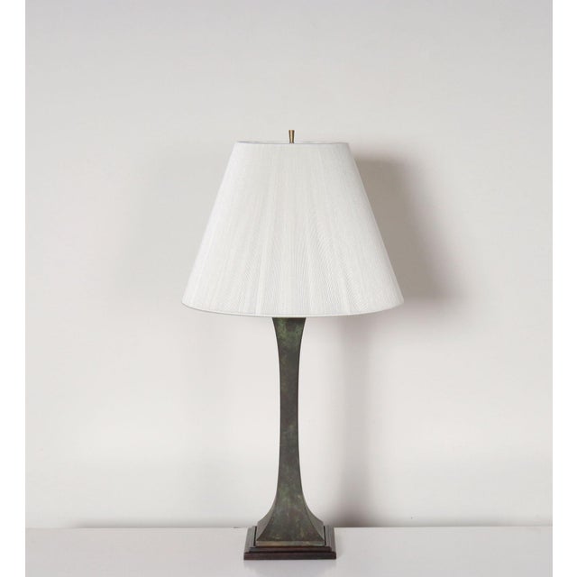 Stewart Ross James for Hansen verdigris patinated bronze table lamp with brass neck and finial (ca. 1960s, USA)....