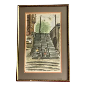 Quebec Break Neck Steps Vintage 1964 Watercolor Modern Framed Painting