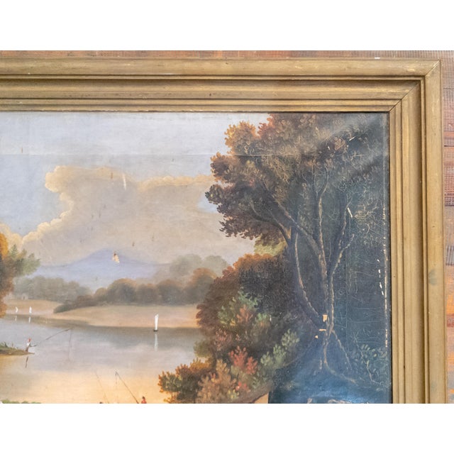 19th Century American Naive Folk Art Landscape Painting With Fishermen For Sale - Image 4 of 18