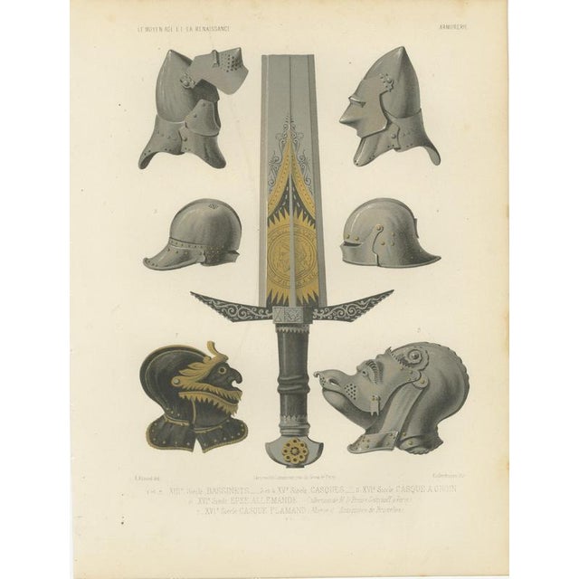 After Rivaud, Medieval Helmets and a German Sword, 1851, Chromolithograph For Sale - Image 3 of 9