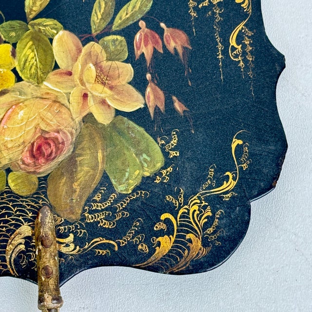 Paper Handheld Victorian Paper Mache Fire Screen With Floral Design, Circa 1880, Comes With Wood Stand For Sale - Image 7 of 9