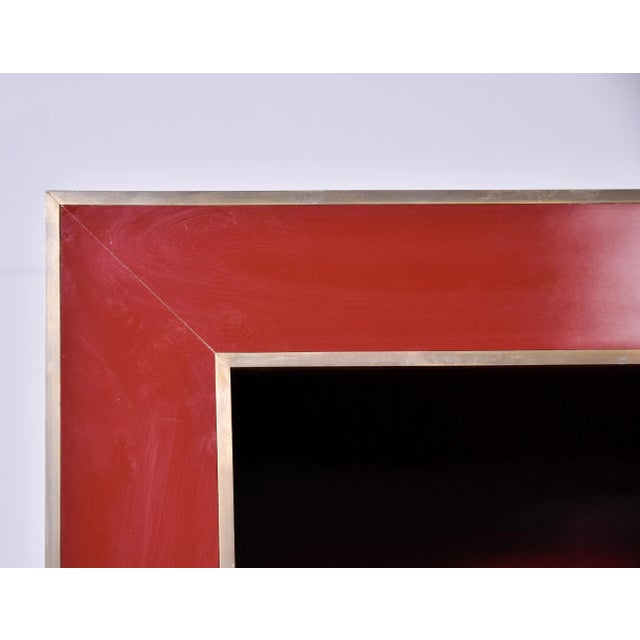 Vintage Red Lacquered Chinoiserie Style Shelf Cabinets With Brass Trim and Hardware - Pair For Sale - Image 12 of 13