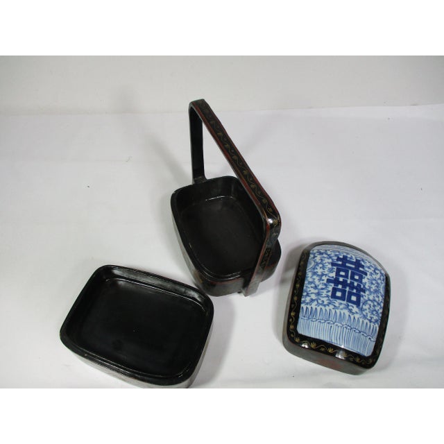 Wood Vintage Chinese Storage Box With Antique Porcelain Shard Top For Sale - Image 7 of 9