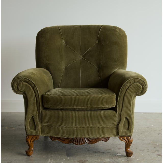 Olive Corduroy Tufted Club Chair With Carved Walnut & Scroll Arms For Sale - Image 4 of 8