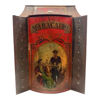 Antique Maracaibo Tea Caddy Hand-Painted Tin Toleware Scenic Front For Sale