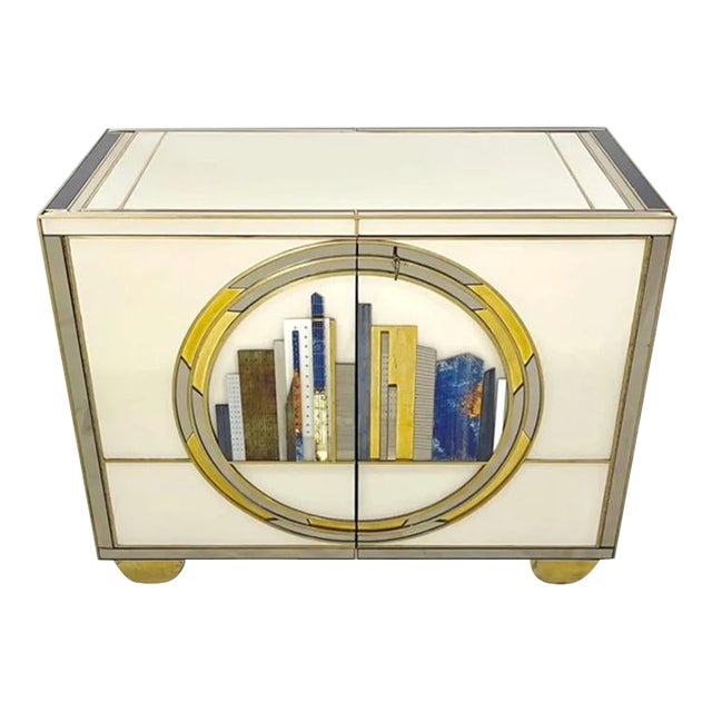 Italian Art Deco Style Cabinet / Server With New York Skyline Glass Decoration For Sale
