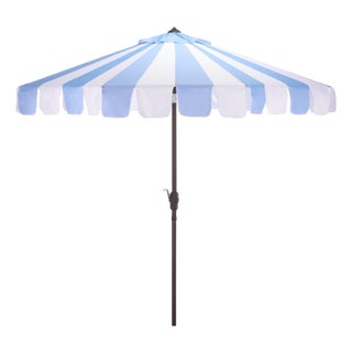 Meze 9 Ft Crank Umbrella, Baby Blue Cabana Stripe/Brown Pole For Sale