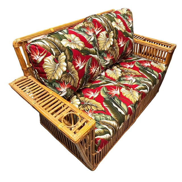 1990s 1990s Deco Style "Presidents" Stick Reed Rattan Nantucket 3-Seat Sofa, Floral Cushions For Sale - Image 5 of 8