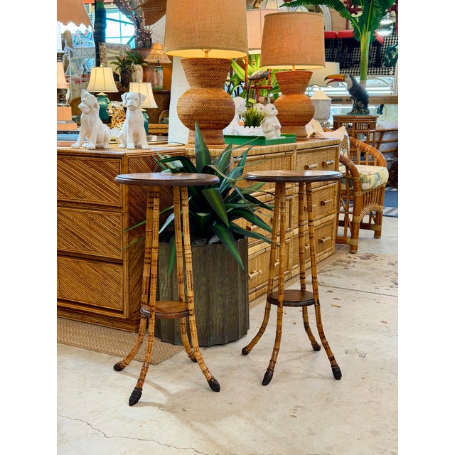 Pair of Victorian Scorched Bamboo Plant Stands With Bamboo Root Feet For Sale - Image 12 of 12