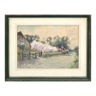 Orchard in Bloom, Mid Century Spring Blossoms Landscape Watercolor by Jay Simm For Sale