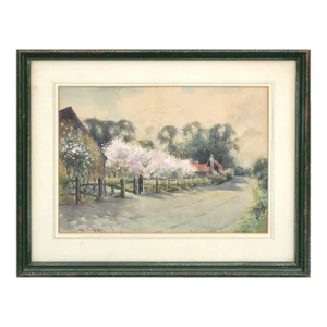 Orchard in Bloom, Mid Century Spring Blossoms Landscape Watercolor by Jay Simm