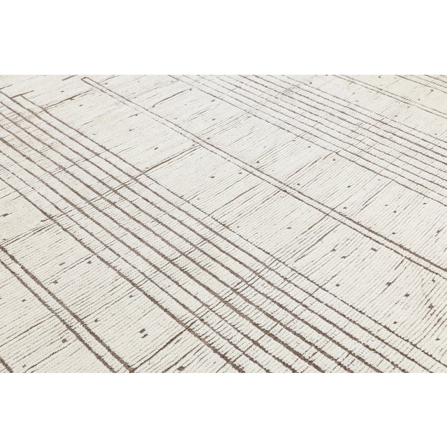 Ivory Minimalist Linear Berber: Modern Hand-Knotted Moroccan Style Wool Rug For Sale - Image 8 of 10