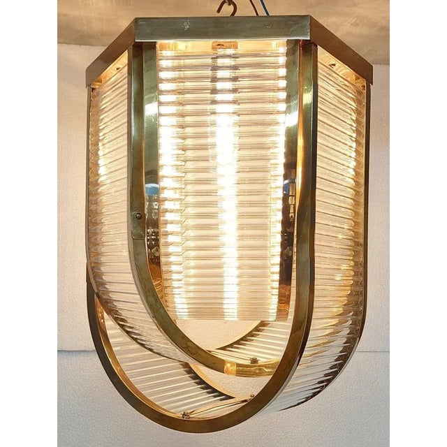 Vintage Art Deco Skyscraper Rod Ship Chandelier Fixture in Brass & Glass For Sale - Image 6 of 9