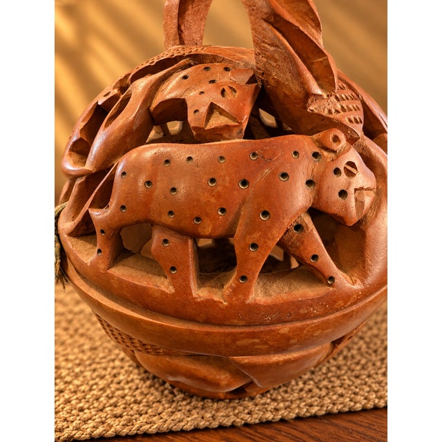 Brown 1970s Hand-Carved Openwork Wood Safari Animal Basket Sculpture For Sale - Image 8 of 11