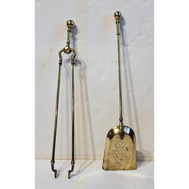 Circa 1860-80 brass ball top fire tools, English. A fine set formed from solid brass, not tubular brass. Shovel & tongs....