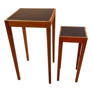 Vintage 1960s-70s Mid Century Modern Nesting Side Tables-Black Granite Tile Tops For Sale