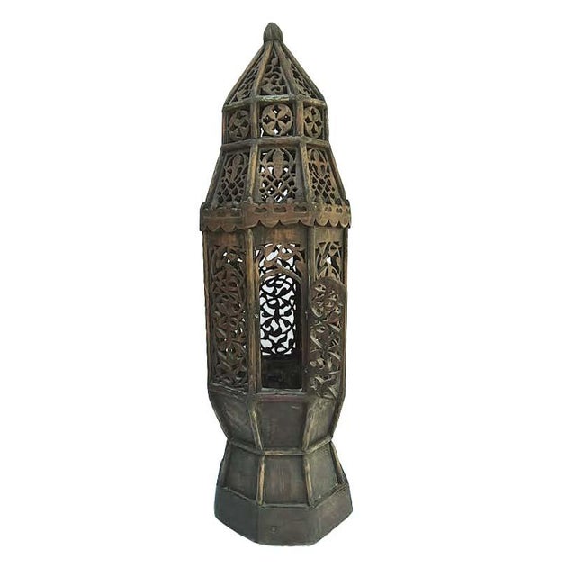 Moroccan style Candle Holder featuring intricate carved wood construction. Consider wiring for electrical lighting. Photos...