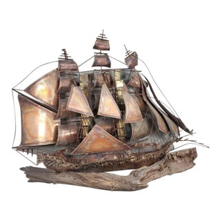Monumental 48” MCM Brutalist Copper & Driftwood Sailing Ship Wall Sculpture For Sale