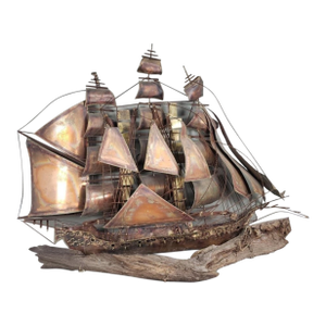 Monumental 48” MCM Brutalist Copper & Driftwood Sailing Ship Wall Sculpture