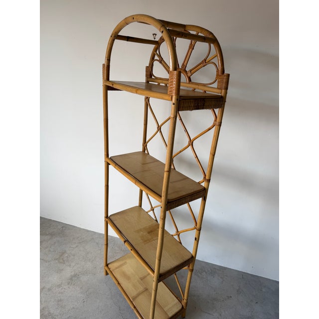 Vintage Coastal Arched Top Rattan Étagère With Wood Shelves For Sale - Image 13 of 13