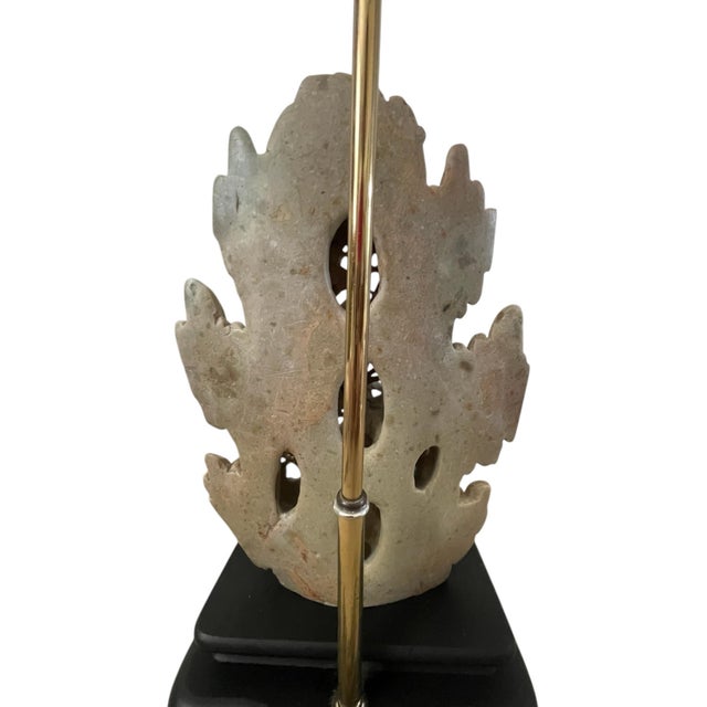 1940s Vintage 1940s Chinese Soapstone Floral Table Lamp Wood Base Chinoiserie 31” For Sale - Image 5 of 8