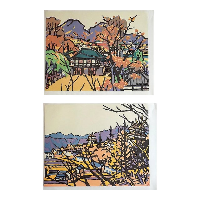 Vintage Folio Size Signed Mid 20th C. Saburo Miyata Expressionist.Landscape Lithographs - A Pair For Sale